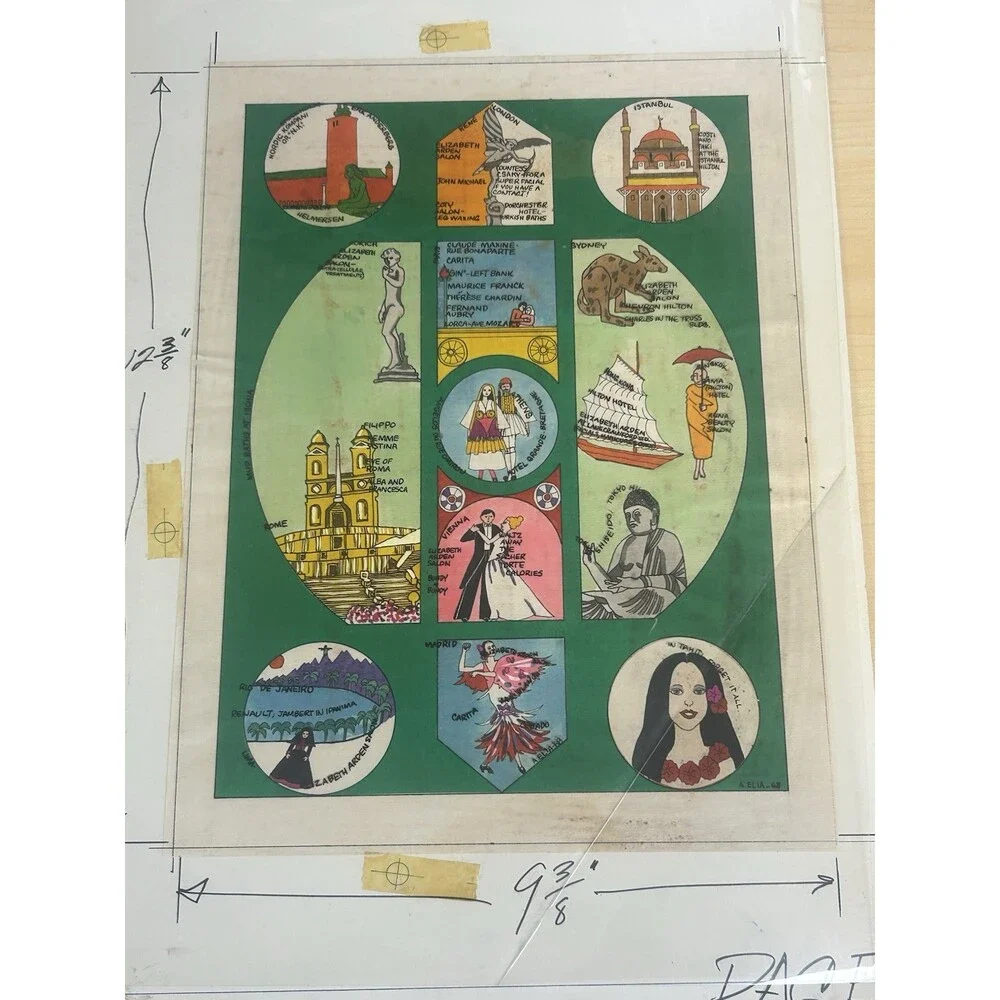 Vintage 1968 Albert Elia Original Artwork - Travel Icons & Celebs Signed